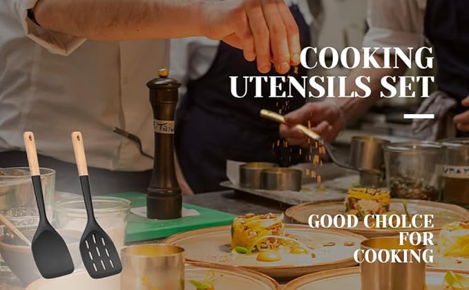 Pack of 2 Silicone Spatula, Non Stick Cooking Utensil Set Wooden Handle Kitchen Turner for Baking Mixing Grilling Serving Food Heat Resistant Non Scratch (Dark gray)