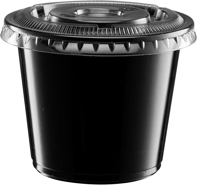 (5 oz - 100 Sets) Black Diposable Plastic Portion Cups With Lids, Small Mini Containers For Portion Controll, Jello Shots, Meal Prep, Sauce Cups, Slime, Condiments, Medicine, Disposable Souffle Cups