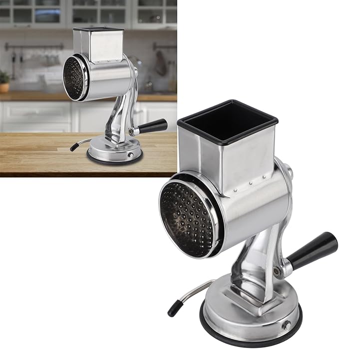 Manual Cheese Grater Stainless Steel Kitchen Hand Crank Grinder with 5 Interchangeable Blades and Handle for Vegetable Nut Potato (Silver)