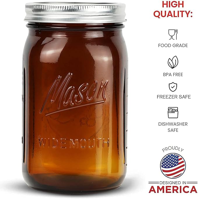 32 oz Wide Mouth Amber Glass Mason Jars (6 Pack) - BPA Free, Air Tight, Leak Resistant - Quart Mason Jars for Canning, Storing Food, Spices, and Meal Prep