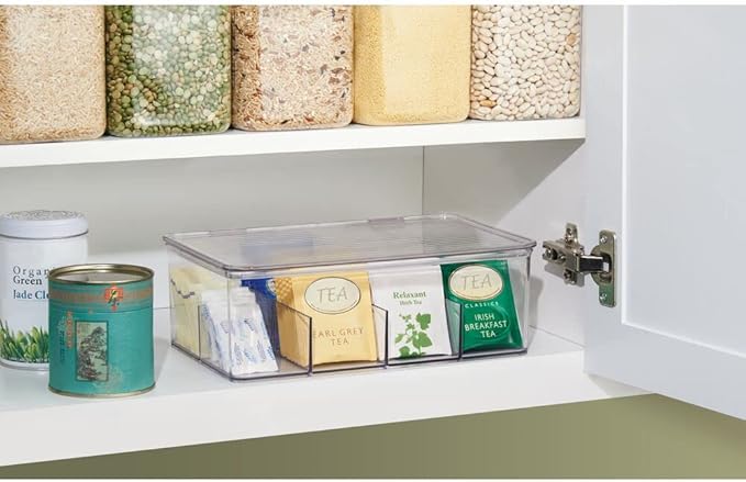 mDesign Tea Bag Single Serve Pouch Divided Box Holder Organizer, Clear