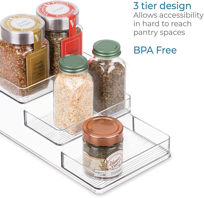 iDesign Recycled Plastic 3-Tier Stadium Spice Rack Organizer for Kitchen, Fridge, Freezer, Pantry and Cabinet Organization, The Linus Collection – 6.25" x 4" x 1.25", Clear