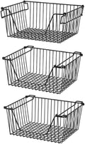 Slideep Wire Storage Baskets, Freezer Baskets Farmhouse Stackable Organizer Storage Bins Large Organizer for Storage, Office, Bathroom, Pantry Organization Storage with Handles 14" Black -Set of 3