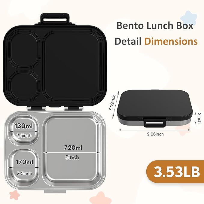 Stainless Steel Bento Box Kids, Leak Proof Metal Bento Lunch Box,3 Compartments 304 Stainless Steel Bento Lunch Containers for School and Office, BPA-Free(Black)