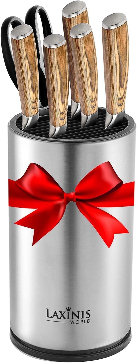 Universal Knife Block, Stainless Steel Round Knife Holder with Scissors-Slot, Counter-top Storage, Holds 12 8.5”-Blade Knives, 9” by 4.5” (knives not included)