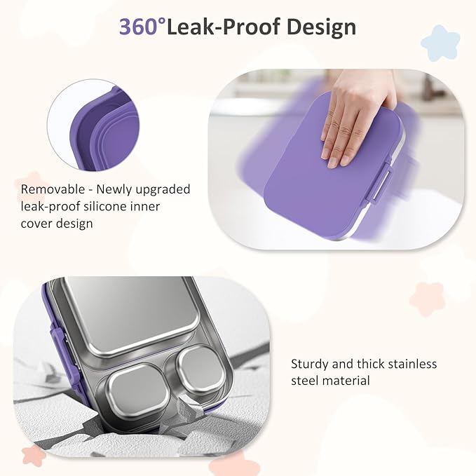Stainless Steel Bento Box Kids, Leak Proof Metal Bento Lunch Box,3 Compartments 304 Stainless Steel Bento Lunch Containers for School and Office,BPA-Free(Purple)