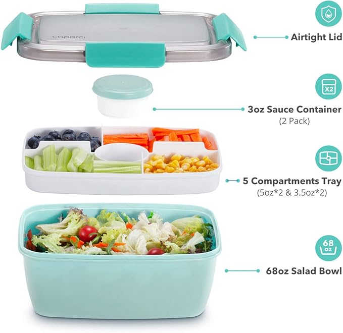 Caperci Large Salad Container Bowl for Lunch - Better Adult Bento Lunch Box 68 oz, 5-Compartment Tray, 2pcs 3-oz Sauce Cups, Stackable, BPA-Free (Aqua Sky)
