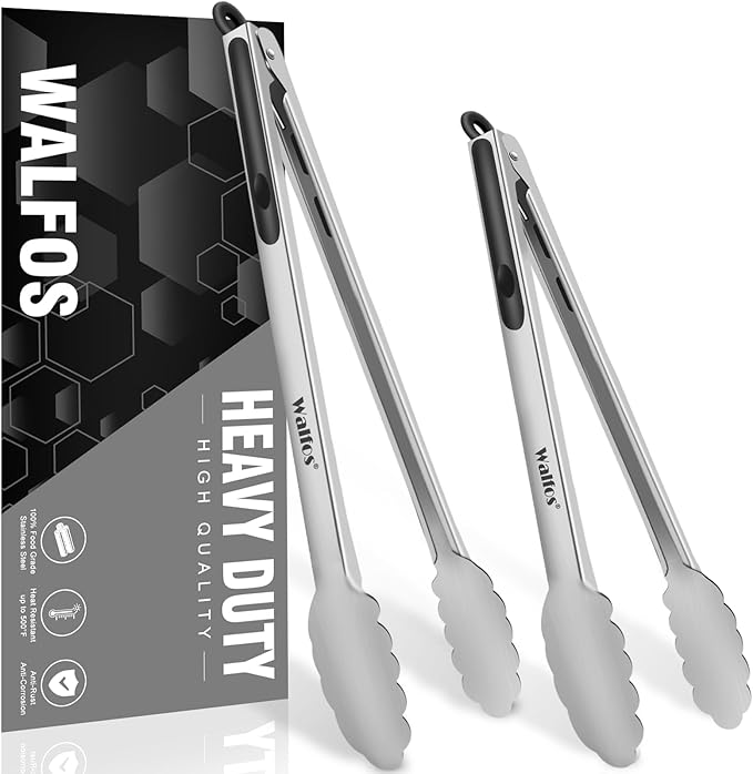 Walfos Extra Long Grill Tongs - Heavy Duty Metal Tongs - 16 & 12 inch Great for Grilling,BBQ/Barbecue,Cooking - Stainless Steel and Non-Slip Heat Resistant Silicone Handle (Set of 2)