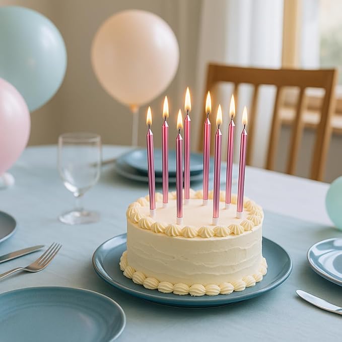 by Tugba Aydan - Pink Birthday Candles - 24 Count Long Thin Pink Birthday Candles for Cake, Metallic Cake Candle for Birthday, Party Candles