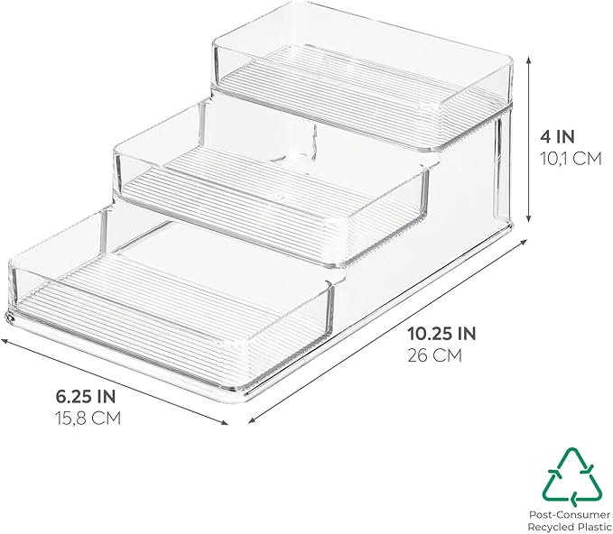 iDesign Recycled Plastic 3-Tier Stadium Spice Rack Organizer for Kitchen, Fridge, Freezer, Pantry and Cabinet Organization, The Linus Collection – 6.25" x 4" x 1.25", Clear
