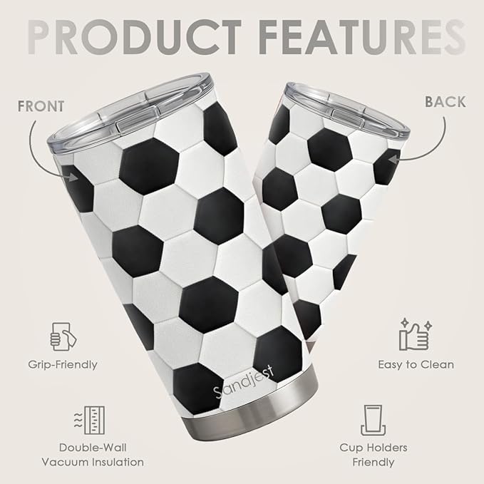 SANDJEST Soccer Tumbler 20oz Stainless Steel Insulated, Travel Coffee Cup, Sport Tumblers Gifts for Soccer Lovers, Men Women, Coach, Birthday, Christmas