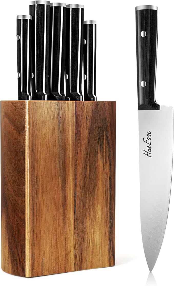 Knife Set,6-Piece Kitchen Knife for Home Use, Sharp Knife Set with Natural Acacia Wood Knife Block, Germen Steel Wood Handle Kitchen Knife Block Set, Ergonomical Design ((Ink-black))