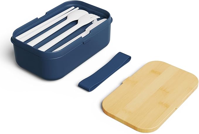 Bento Box for Adult Lunch Containers with Utensils for Men/Women Blue - Natural Bamboo Lid, Chopsticks, Microwave Safe, Dishwasher Safe, Bpa Free, Gifts for Women, Cute, Small