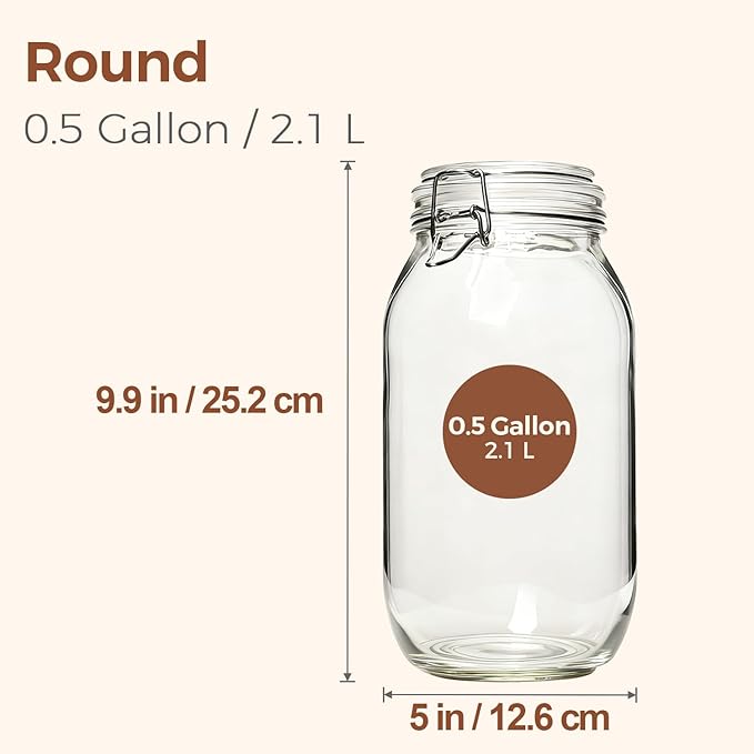 ComSaf Large Glass Jars with Lid 64 oz, Large Mason Jars Set of 3, Glass Canisters with Airtight Lids, Half Gallon Canning Jar with Seal Wire Clip Fastening for Kitchen, Pickle, Flour, Sugar, Cereal