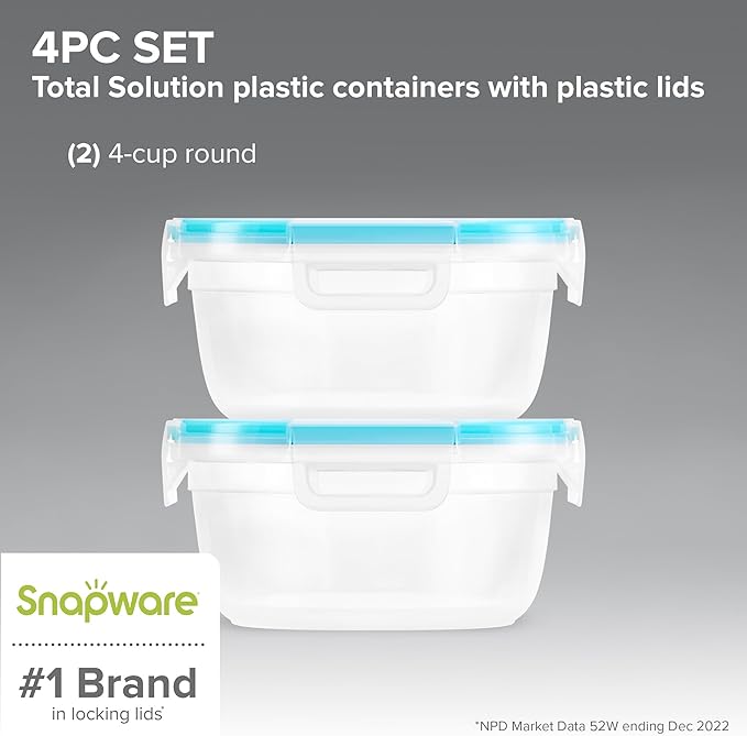 Snapware Total Solution (Pack of 2) Plastic Food Storage Containers Set, Leakproof & Airtight Locking Lids Round Tupperware, Non-Toxic BPA-Free Lids, Microwave Dishwasher Freezer Safe