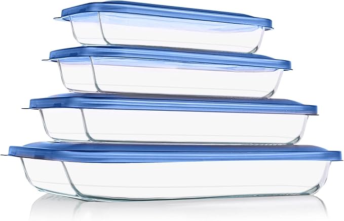 KOMUEE 8 Pieces Glass Baking Dish with Lids Rectangular Glass Baking Pan Bakeware Set with BPA Free Lids, Baking Pans for Lasagna, Leftovers, Cooking, Kitchen, Fridge-to-Oven,Blue