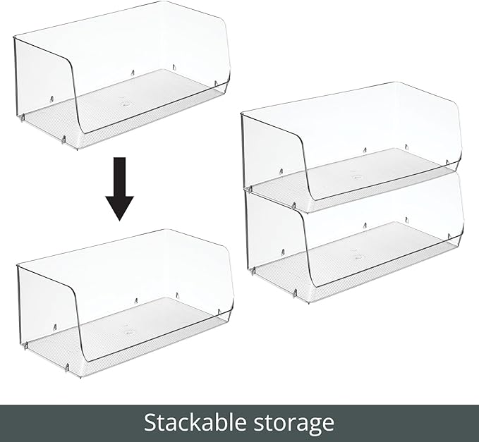 mDesign Modern Stackable Plastic Open Front Dip Extra Large Storage Organizer Bin Basket for Kitchen Organization, Shelf, Cubby, Cabinet, and Pantry Organizing Decor, Ligne Collection - 2 Pack - Clear