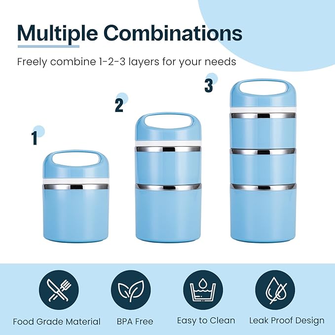 Lille Home Stackable Stainless Steel Lunch Containers, 43OZ Capacity 3 Layers Leakproof Bento Box for Adult, Portable Lunch Box for Women, Man, Travel, Office with Lunch Bag (Blue.Pro)