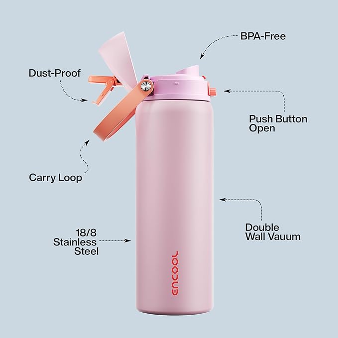 Insulated Water Bottle with Straw - Encool Stainless Steel Water Bottle with Push Button Lid, Leak-Proof & BPA-Free, Keeps Cold for 24 Hours for Sports, Travel, Gym (32 oz, Lily-Red)