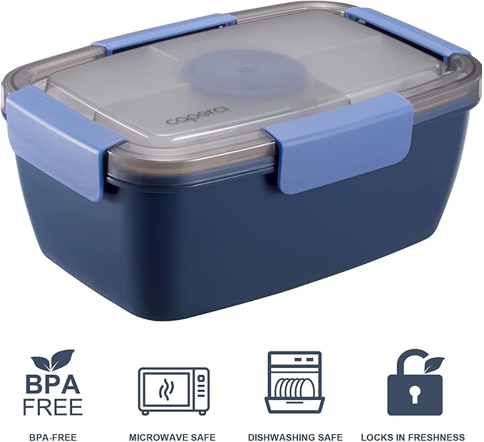 Caperci Large Salad Container Bowl for Lunch - Better Adult Bento Lunch Box 68 oz, 5-Compartment Tray, 2pcs 3-oz Sauce Cups, Stackable, BPA-Free (Navy)