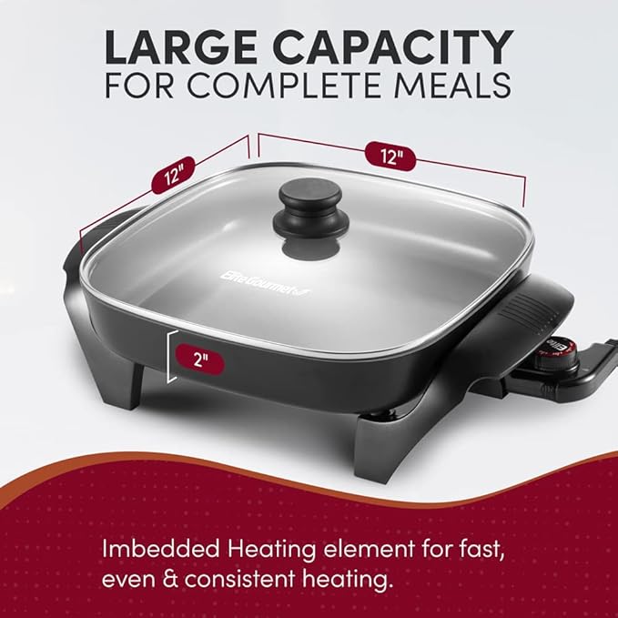 Elite Gourmet EG2212X 12"x12"x2.15” Ceralast™ PFAS Free Ceramic Electric Skillet, Dishwasher Safe, Rapid Heat Up, 1200W, Dark Grey