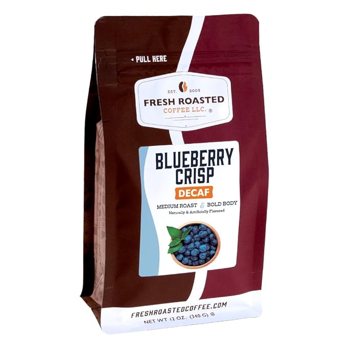 Fresh Roasted Coffee, Decaf Blueberry Crisp Flavored Coffee, 12 oz, Medium Roast, Kosher, Whole Bean