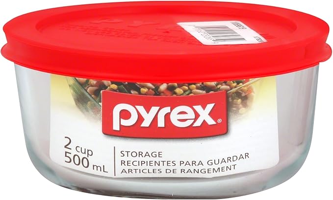 Pyrex Simply Store 2-Cup Single Glass Food Storage Container with Lid, Non-Pourous Glass Round Meal Prep Container with Lid, BPA-Free Lid, Dishwasher, Microwave, Oven and Freezer Safe