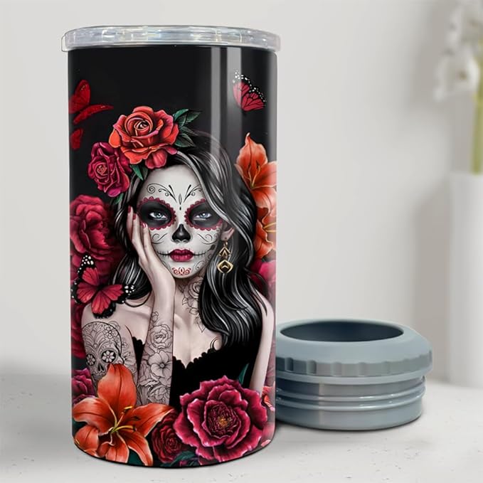 SANDJEST Sugar Skull Tumbler Sugar And Spice 4 in 1 12oz Tumbler Can Cooler Coozie Skinny Stainless Steel Tumbler Gift for Women Girl Friends Christmas Birthday Halloween