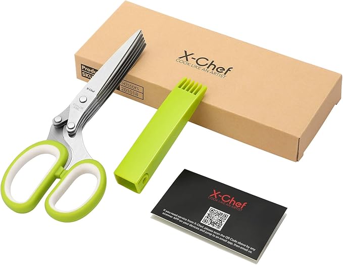 Herb Scissors, X-Chef Multipurpose 5 Blade Kitchen Herb Shears Herb Cutter with Safety Cover and Cleaning Comb for Chopping Basil Chive Parsley (Green)