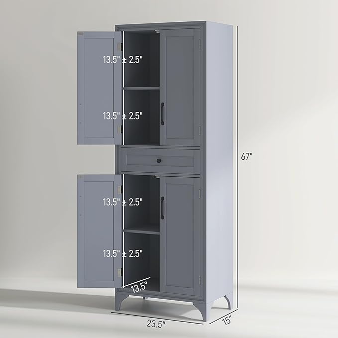 HOMCOM 67" Tall Freestanding Kitchen Pantry Cabinet, 4-Door Storage Cabinet with Drawer and Adjustable Shelves for Dining Room, Gray