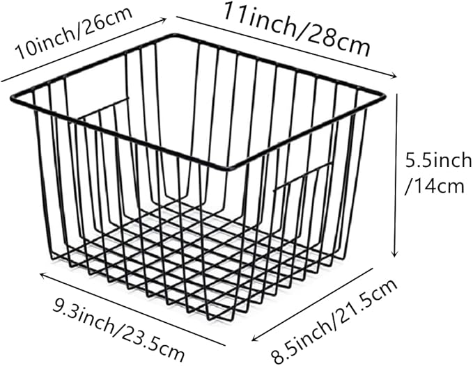 Slideep Refrigerator Freezer Organizer Wire Storage Basket , Farmhouse Food Wire Bins Container with Handles for Kitchen, Pantry, Freezer, Cabinet, Car, Bathroom Black 4 Pack