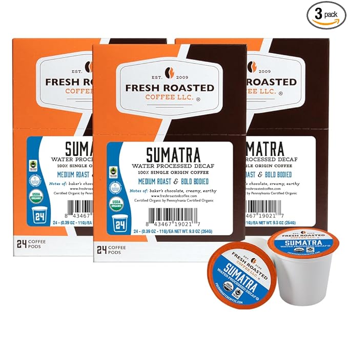 Fresh Roasted Coffee, Organic Sumatra Water-Processed Decaf | 100% Single Origin, USDA Organic, Kosher | Medium Roast K-Cup Compatible | 72 Pods
