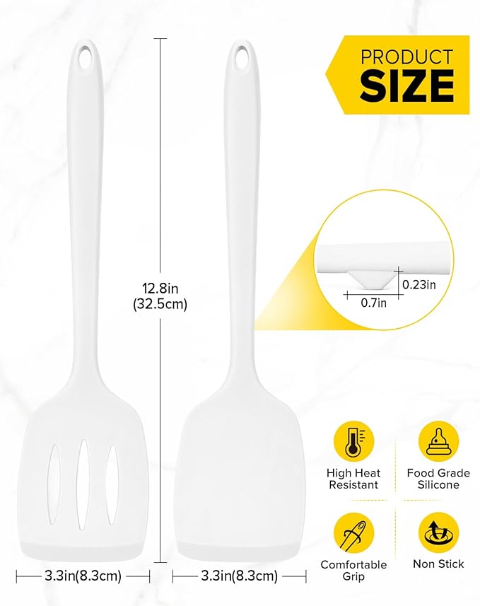 Pack of 2 Silicone Spatula Turners, Non Stick Slotted Kitchen Spatula Set, Heat Resistant BPA Free Kitchen Utensils, One-Piece Design, Suitable for Flipping Fish, Eggs, Steak, Pancakes (WHITE)