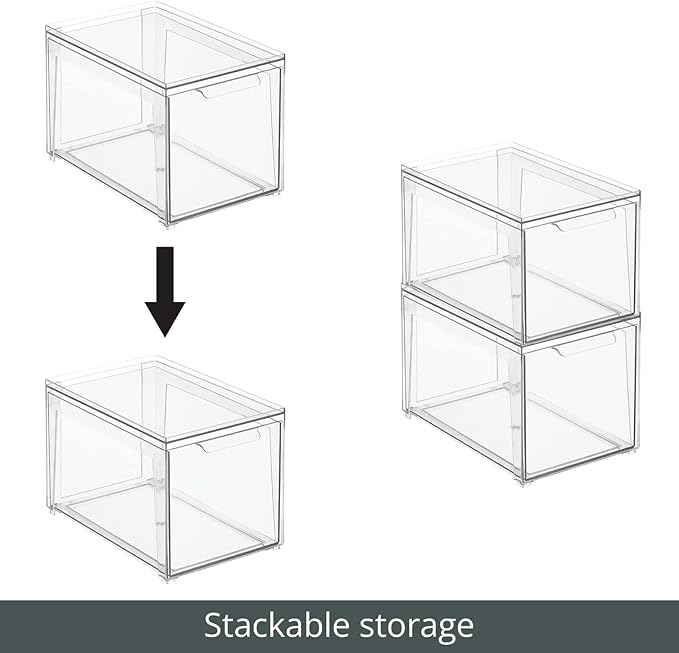 mDesign Plastic Stackable Bathroom Storage with Pull Out Bin Organizer Drawer for Cabinet, Vanity, Shelf, Cupboard, Cabinet, or Closet Organization - Lumiere Collection - 4 Pack - Clear