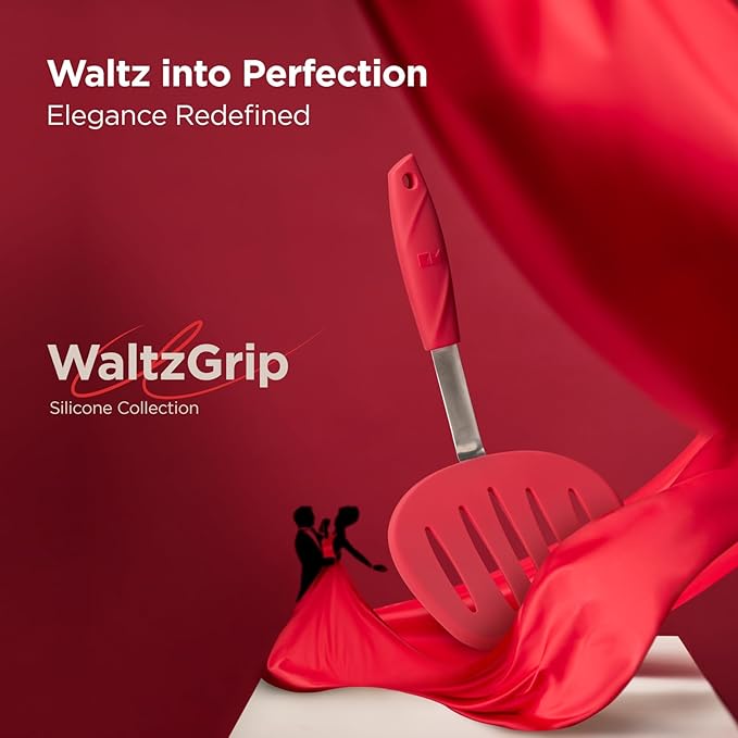 Kitchen Mama WaltzGrip Platinum Silicone Pancake Spatula Turner: Heat Resistant Flexible, Stainless Steel Core, Nonstick, Dishwasher Safe, Flipper – Ideal Kitchen Cookware for Eggs, Fish, Meat (Red)