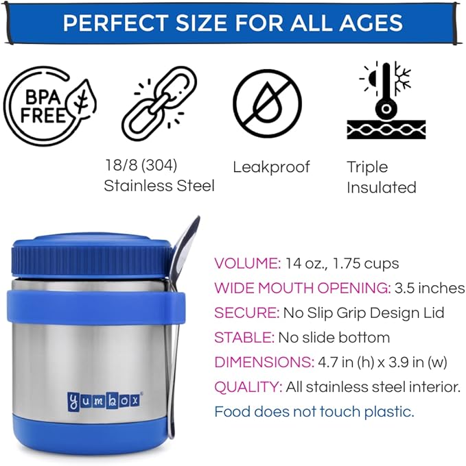 Yumbox Wide Mouth Zuppa 14 oz Triple Insulated Stainless Steel Food Jar, Superior Heat Retention, Leakproof, with Utensil Band and Spoon, Easy Open Grip, Hot 6 Hours or Cold 12 Hours, (Neptune Blue)