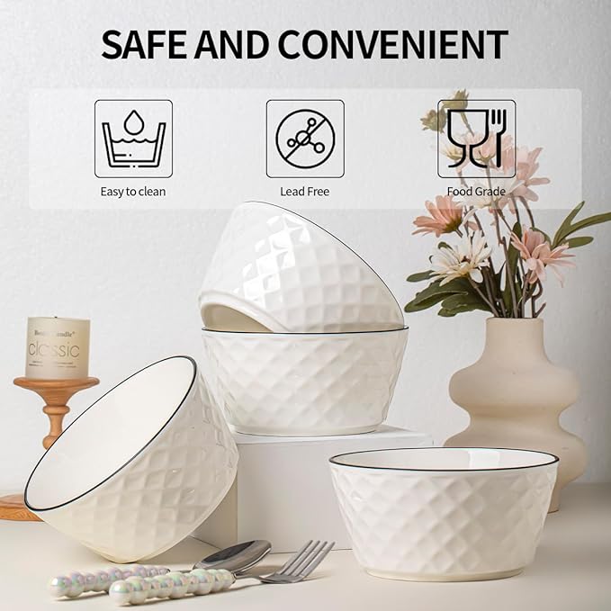 Yeacccng Cereal Bowls Set of 6, 30oz Ceramic Soup Bowls, Scratch-Resistant, Lead-Free, 6 inch White Cereal Bowls for Oatmeal, Salad, Pasta, Soups, Dessert Snacks, Fruits, Dishwasher & Microwave Safe
