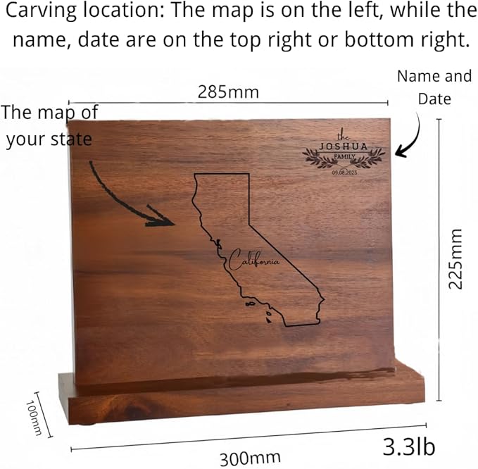 Personalized magnetic knife holder featuring the shape and name of the state where the US is located, as well as the date. Suitable for custom wedding, new home moving gifts, etc.