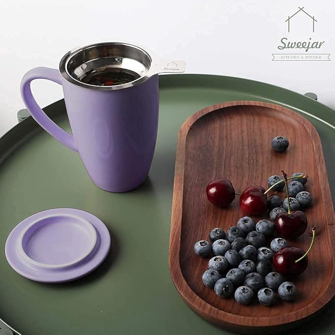 Sweejar Porcelain Tea Infuser Mug with Lid, 16 oz Teacup with Strainers for Loose Leaf Tea, Microwave and Dishwasher Safe Coffee Mug(Purple)