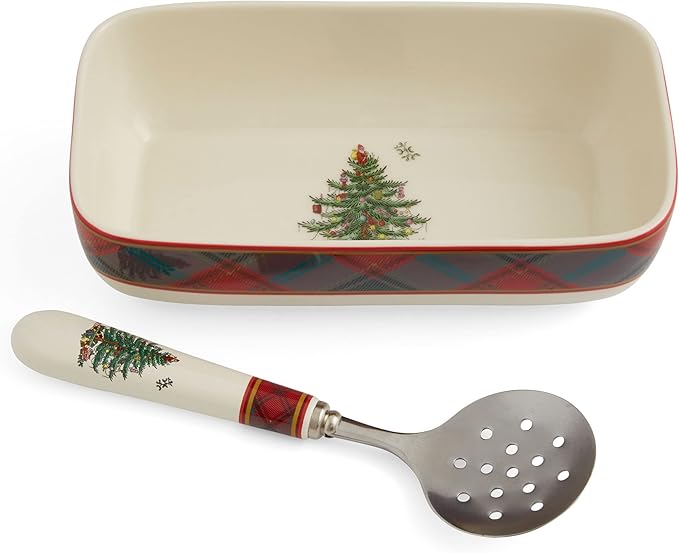 Spode Christmas Tree Tartan Cranberry Sauce Serving Dish with Slotted Spoon (8"x 4.25") - Rectangular Holiday Server with Plaid Border - Dishwasher, Microwave, Freezer Safe Serveware for Entertaining