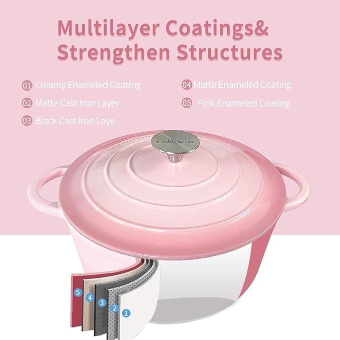 Dutch Oven,Cast Iron Dutch Ovens,Dutch Oven Pot with Lid,4.5 QT Enamel Dutch Pot,Dutch Ovens with Dual Handles,Cast Iron Pot for Braiser,Cooking,Gifts for Family,Pink