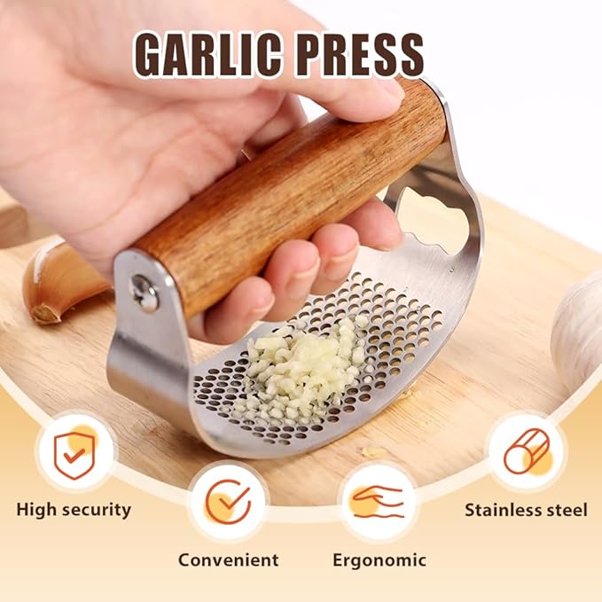 Stainless Steel Garlic Presser, Upgraded Garlic Press Rocker with Peeler and Cleaning Brush, Ergonomic Handle for Cooking Enthusiasts (1 pcs)