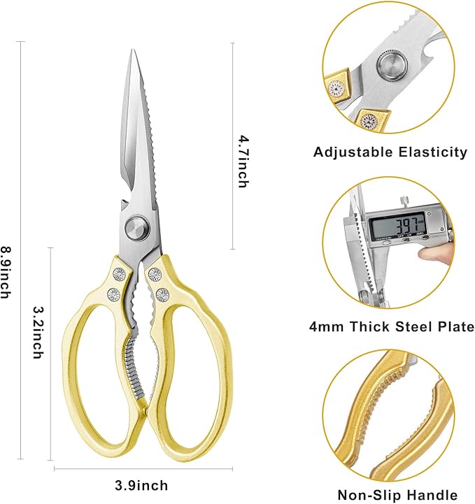 AWinjoy Kitchen Scissors, Heavy Duty Sharp Shears Dishwasher Safe, Kitchen Accessories Cooking Shears for Meat Chicken Fish Poultry Herb Bread (gold)