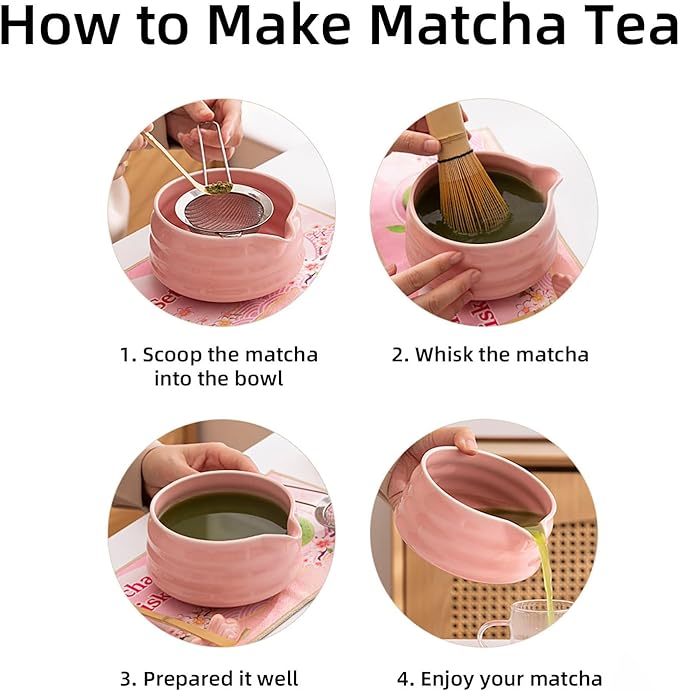 Matcha Tea Set, 5-Piece Ceremonial Kit with Ceramic Matcha Bowl (Chawan), Bamboo Whisk (Chasen) & Holder, Stainless Steel Sifter, Bamboo Scoop (Chashaku) — Japanese Tea Ceremony Gift (Pink)