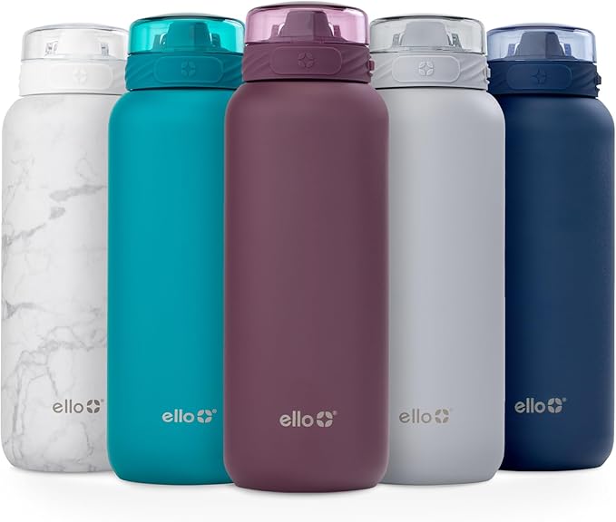 Ello Cooper 32oz Stainless Steel Water Bottle Vacuum Insulated with Straw and Carry Handle, Leak Proof Locking Lid with Soft Silicone Spout, Dishwasher Safe, Figgy Pudding