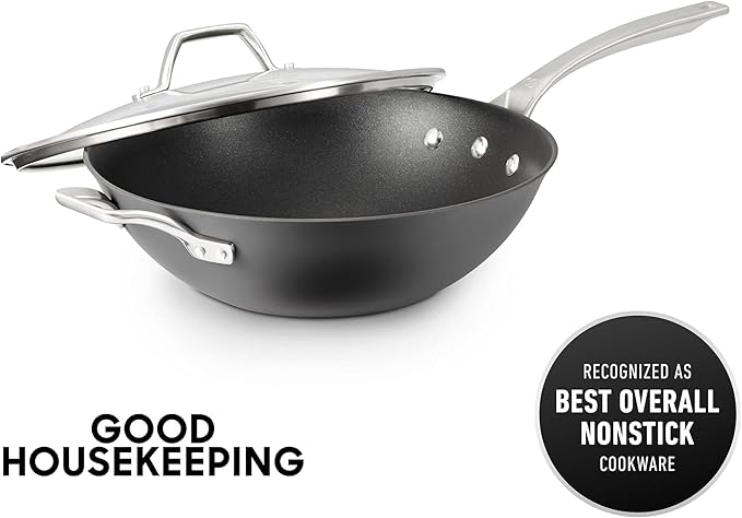 Calphalon Signature Hard-Anodized Nonstick Wok, 12", Flat-Bottom, Oven-Safe, PFOA-Free, Black