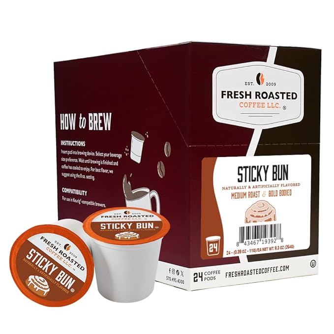 Fresh Roasted Coffee, Sticky Bun, Flavored Coffee Pods, K-Cup Compatible, 24 Count