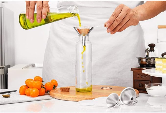 Stainless Steel Funnels, 3 in 1 Metal Kitchen Funnels for Filling Bottle with Handy Handle for Transferring Essential Oils, Liquid, Fluid, Dry Ingredients & Powder, Durable and Dishwash