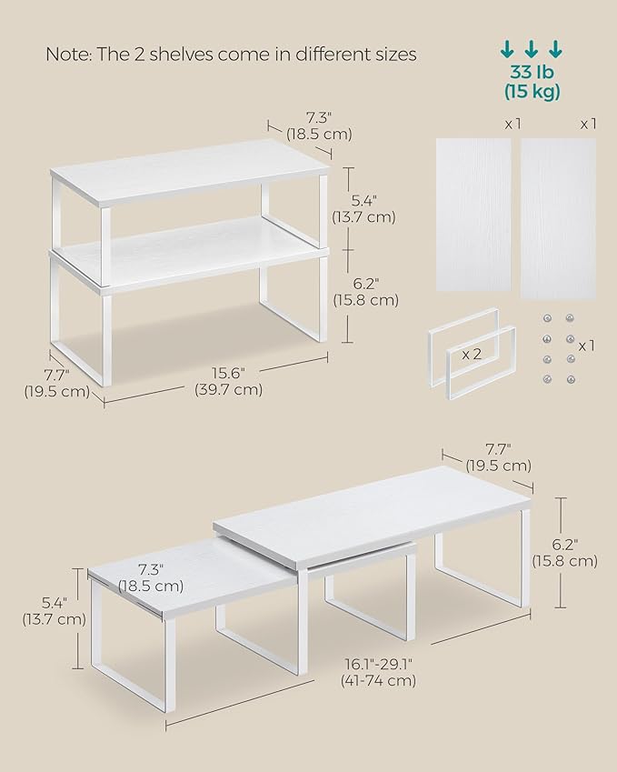 SONGMICS Cabinet Organizer Shelf, Set of 2 Kitchen Counter Shelves, Kitchen Storage, Spice Rack, Stackable, Expandable, Metal and Engineered Wood, Cloud White and Snow White UKCS025W01