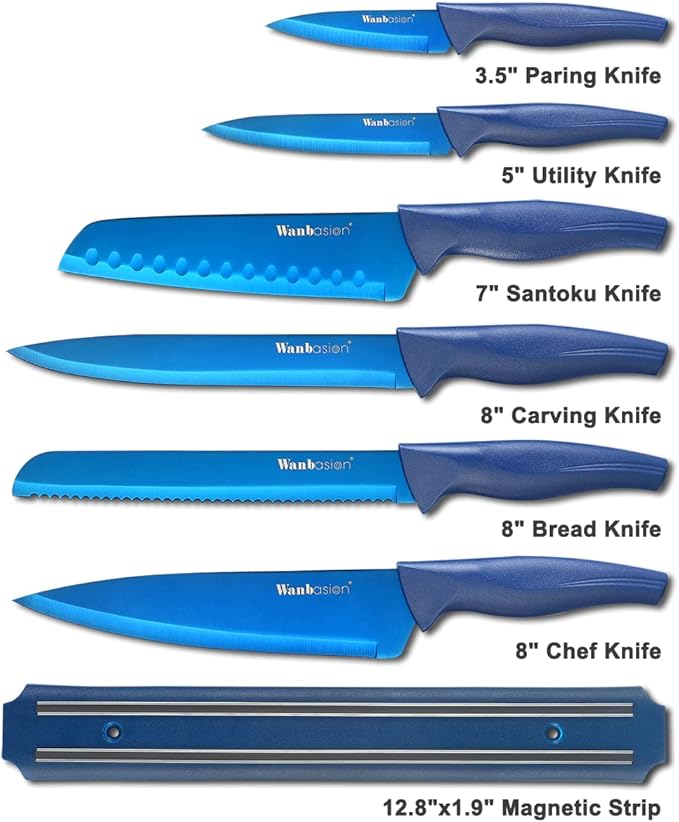 Wanbasion 7 Piece Blue Kitchen Knife Set with Magnetic Strip, Kitchen Knife Set Stainless Steel, Sharp Knife Set for Kitchen for Meat Vegetable Cutting